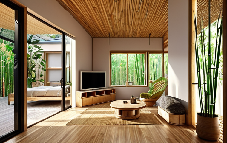 **

"A modern interior design competition entry featuring sustainable materials like bamboo and recycled glass. The space incorporates energy-efficient lighting and smart home technology. The design emphasizes ecological awareness and aesthetic appeal."

**