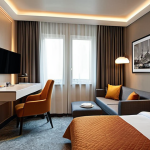 **

A stylish and functional hotel room designed for business travelers in Istanbul. Incorporate ergonomic furniture, ambient lighting, and a modern aesthetic with Turkish influences. The color palette should be calming and sophisticated, using neutral tones with pops of warm colors. Include details like a comfortable workspace, a well-designed bathroom, and artwork featuring local landmarks.

**