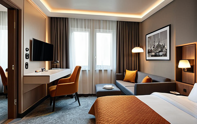 **
A stylish and functional hotel room designed for business travelers in Istanbul. Incorporate ergonomic furniture, ambient lighting, and a modern aesthetic with Turkish influences. The color palette should be calming and sophisticated, using neutral tones with pops of warm colors. Include details like a comfortable workspace, a well-designed bathroom, and artwork featuring local landmarks.
**