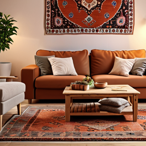 Home 23 ** Cozy living room interior. Soft lighting, warm colors, comfortable furniture. Sustainable materials, like wood and recycled elements. Turkish rug.
**