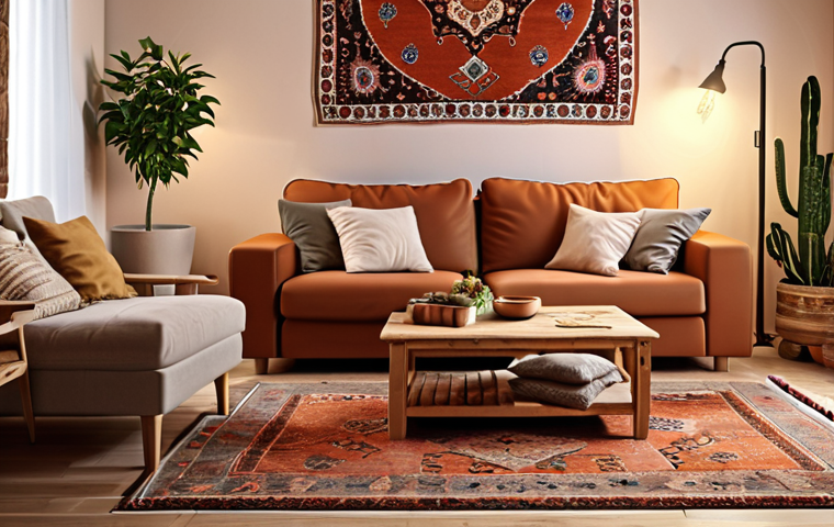 ** Cozy living room interior. Soft lighting, warm colors, comfortable furniture. Sustainable materials, like wood and recycled elements. Turkish rug.

**