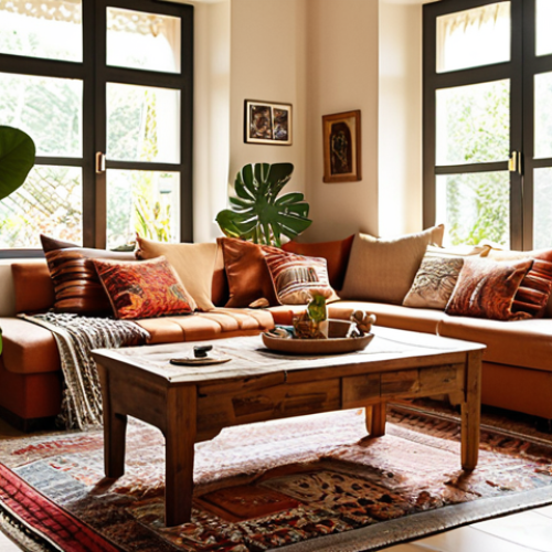 Home 9 A warm and inviting living room in a modern Turkish home, infused with personal touches and biophilic design. Sunlight streams through large windows, illuminating a "memory wall" adorned with framed vintage family photos. Travel souvenirs and unique DIY-crafted items, like a hand-painted wooden chest used as a coffee table, are tastefully displayed. Lush, vibrant indoor plants like a large Monstera or a Fiddle Leaf Fig are strategically placed throughout the space, bringing life and fresh air. A beautiful, authentic hand-woven Turkish kilim with intricate patterns grounds the seating area, blending traditional craftsmanship with contemporary comfort. The overall color palette features warm, earthy tones, creating a sense of coziness and deep personal connection.