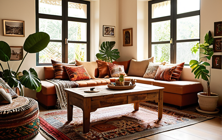 A warm and inviting living room in a modern Turkish home, infused with personal touches and biophilic design. Sunlight streams through large windows, illuminating a "memory wall" adorned with framed vintage family photos. Travel souvenirs and unique DIY-crafted items, like a hand-painted wooden chest used as a coffee table, are tastefully displayed. Lush, vibrant indoor plants like a large Monstera or a Fiddle Leaf Fig are strategically placed throughout the space, bringing life and fresh air. A beautiful, authentic hand-woven Turkish kilim with intricate patterns grounds the seating area, blending traditional craftsmanship with contemporary comfort. The overall color palette features warm, earthy tones, creating a sense of coziness and deep personal connection.